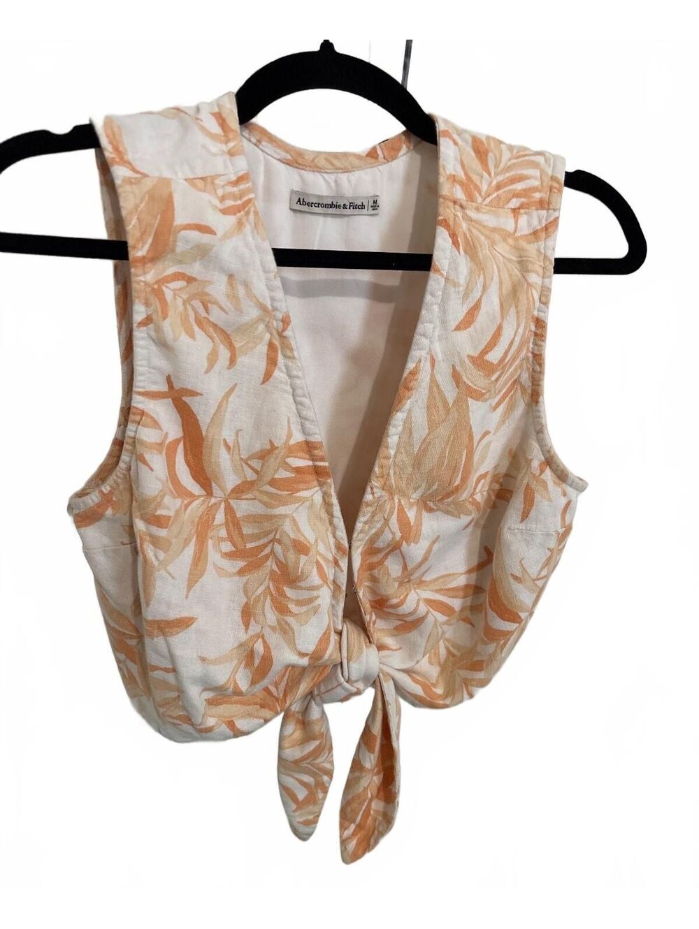 Abercrombie & Fitch Linen Blend Orange White Palm Floral Tie Front Crop Top M